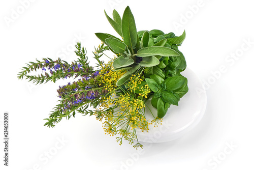 Bunch of sage, thyme, dill, hyssop and basil, isolated on white background.