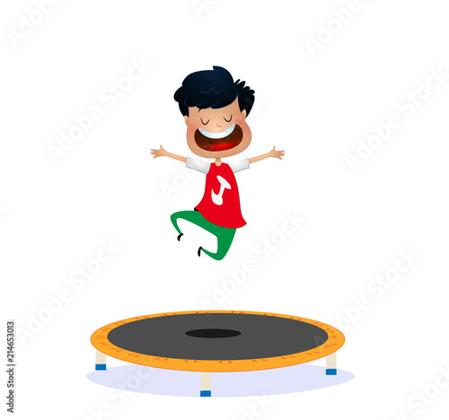 Cartoon happy boy jumping on trampoline