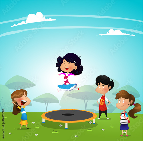 Cartoon little kid playing trampoline