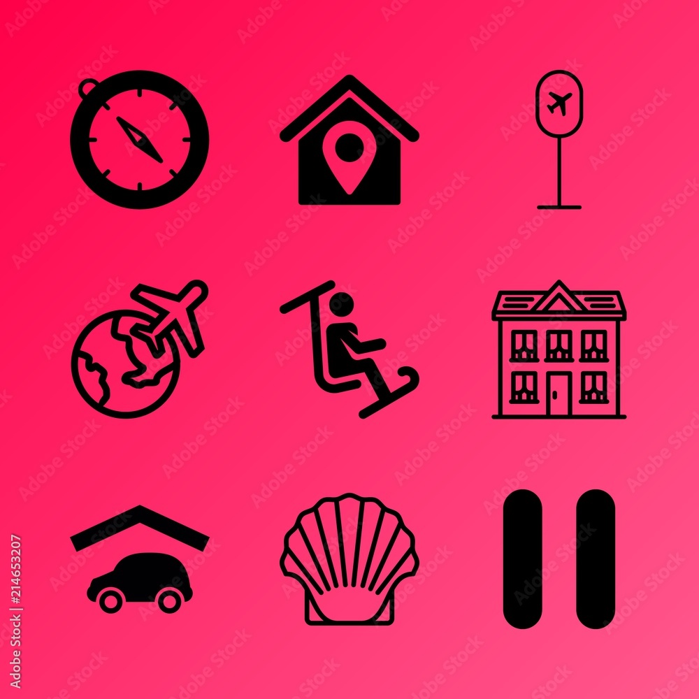 Fototapeta premium Vector icon set about travel and tourism with 9 icons related to vector, indoor, animal, contemporary, modern, silhouette, town, drawing, automobile and rose