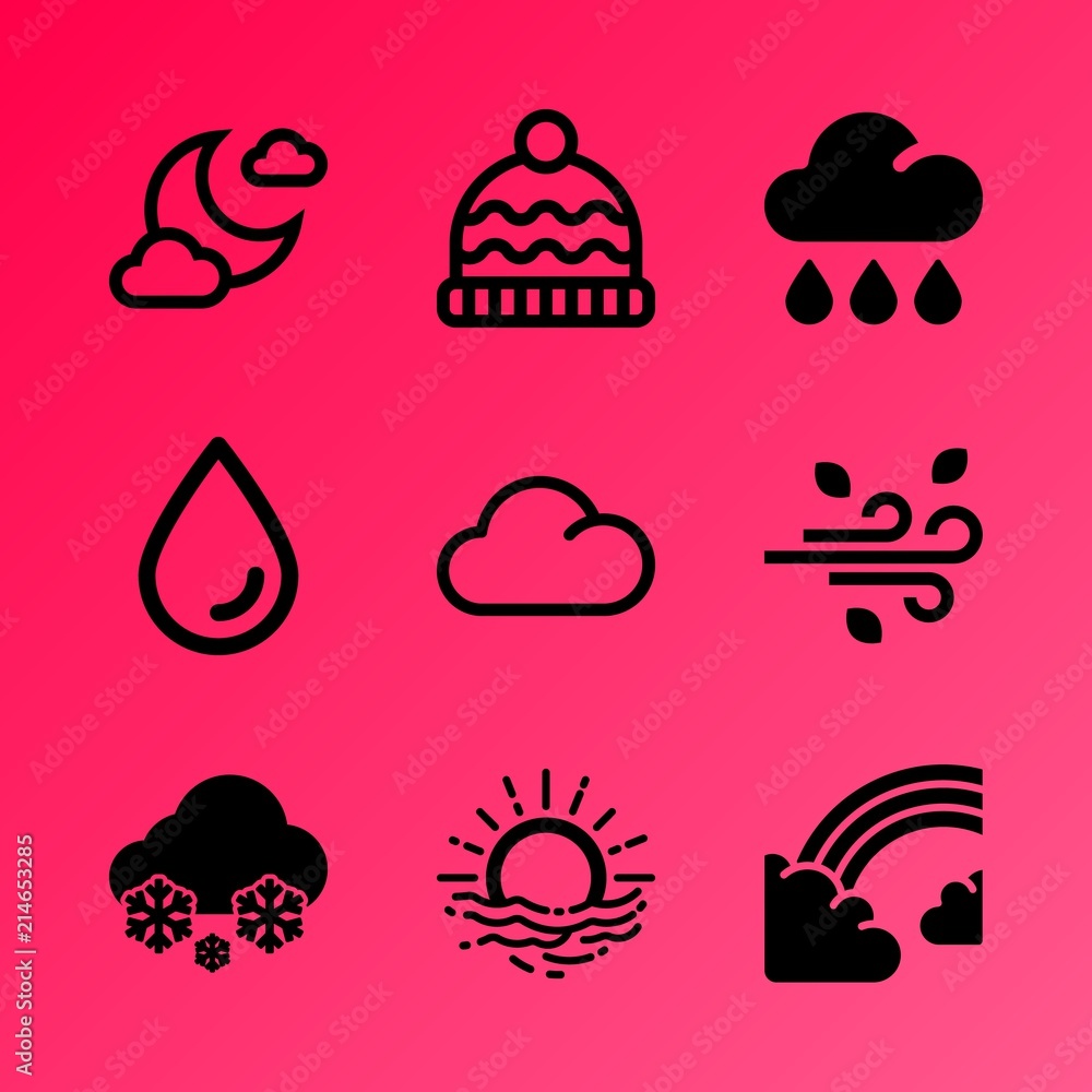 Vector icon set about weather with 9 icons related to spray, pink, weather, mysterious, mystery, air, thermometer, window, surface and tree Vector icon set about weather with 9 icons related to spray, pink, weather, mysterious, mystery, air, thermometer, window, surface and tree