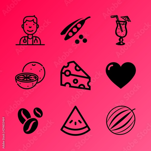 Vector icon set about food with 9 icons related to mixing, romance, cafe, pub, pepper, cheddar, refreshing, bio, wood and nightlife