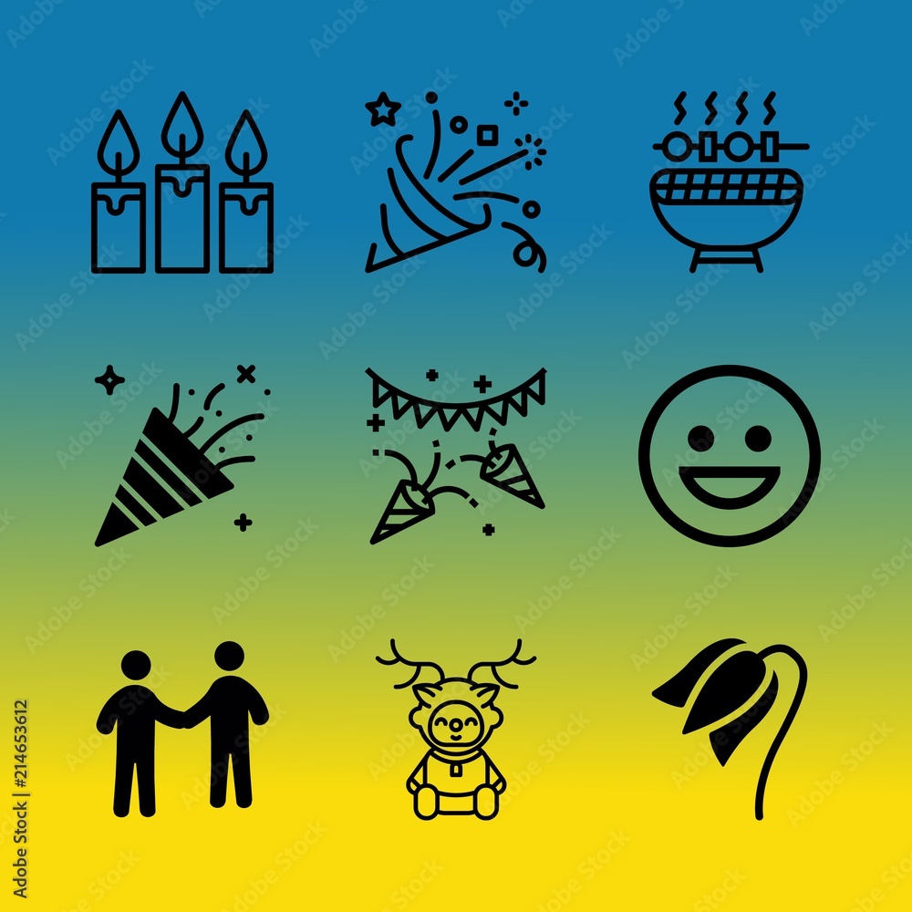 Vector icon set about birthday party with 9 icons related to young, color, person, smoke, bloom, summer, beach, object, elegant and type