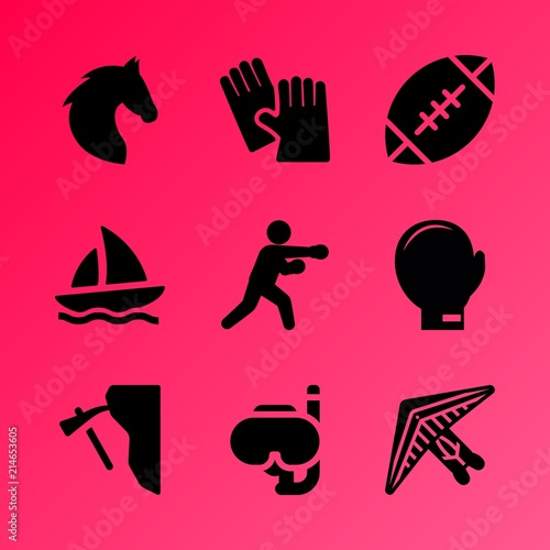 Vector icon set about fitness and sport with 9 icons related to punch, pair, sports, navigation, aerodynamics, leisure, culture, grass, outdoor and flying
