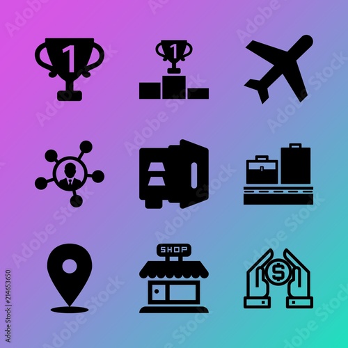 Vector icon set about business with 9 icons related to tower, commerce, banking, top, future, photo, marriage, design, atom and life