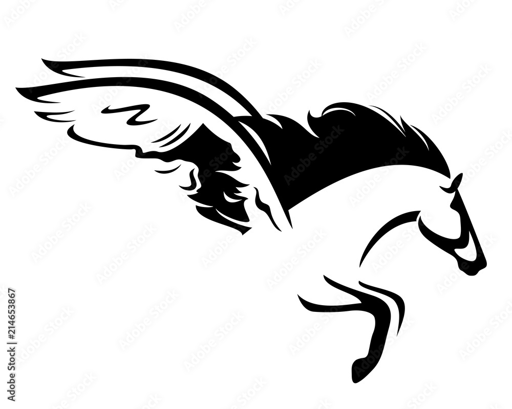 winged horse profile vector design - black and white pegasus outline winged horse profile vector design - black and white pegasus outline