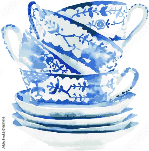 Watercolor beautiful graphic lovely artistic tender wonderful blue porcelain china tea cups pattern vector illustration. Perfect for textile, menu, wallpapers