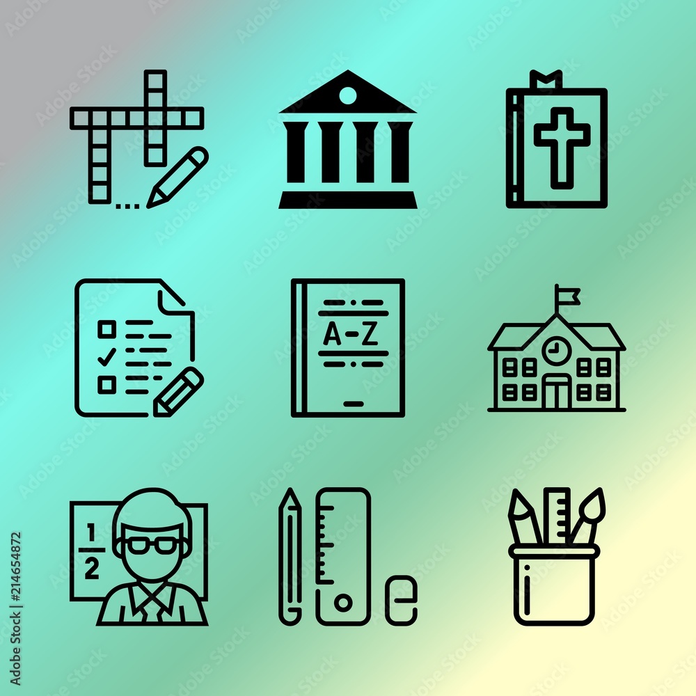 Vector icon set about education with 9 icons related to set, wooden, collection, keyword, template, test, cheerful, easter, textbook and game Vector icon set about education with 9 icons related to set, wooden, collection, keyword, template, test, cheerful, easter, textbook and game