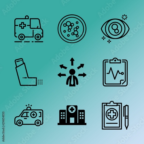 Vector icon set about medicine with 9 icons related to car, patient, form, medical report, team, graphic, office, building, look and alert