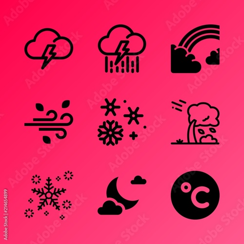 Vector icon set about weather with 9 icons related to tempest  cumulus  satellite  cloudy  magical  yellow  mercury  crater  pattern and star
