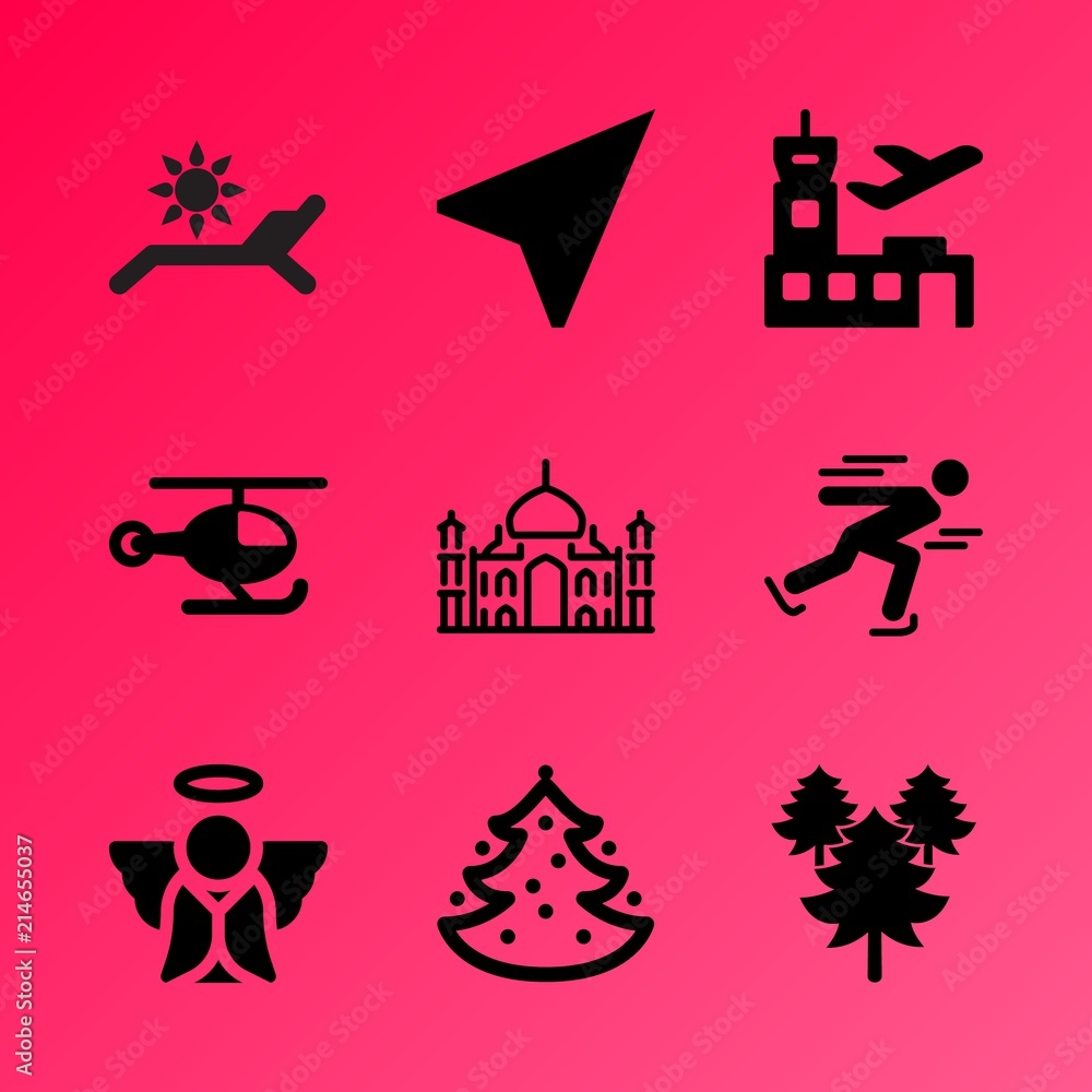 Vector icon set about travel and tourism with 9 icons related to highway, color, decoration, united, hollywood, technology, rusty, skier, service and foggy
