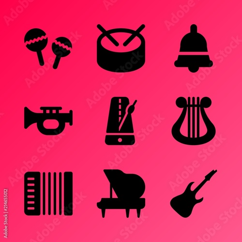 Vector icon set about music instruments with 9 icons related to treble, music keys, play, silhouette, bass, drum, trommel, tone, melody and clef