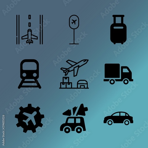 Vector icon set about transport with 9 icons related to tube, sign, geology, brush, passenger car, landmark, tool, park, city and luxury