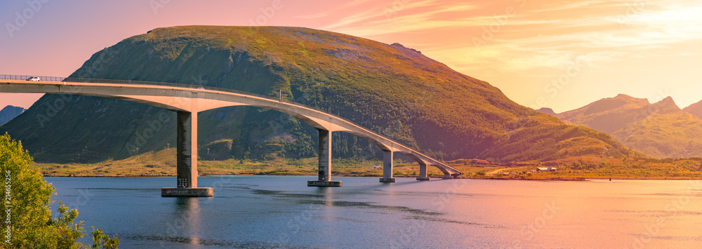 Car on bridge road in Norway, Europe - obrazy, fototapety, plakaty 