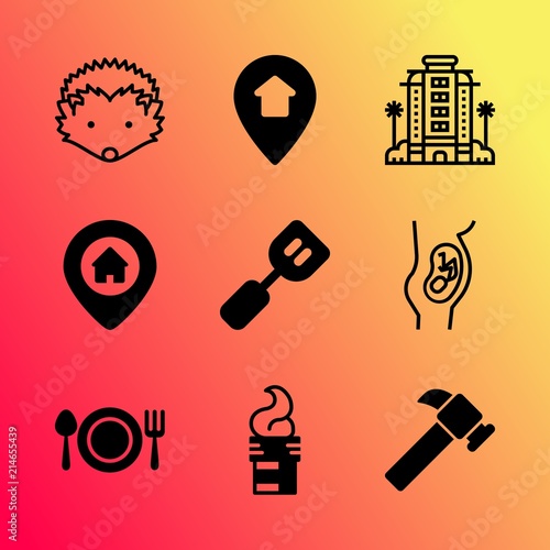 Vector icon set about home with 9 icons related to new, object, guest, baby, web, summer, animal, cartography, apartment and male photo
