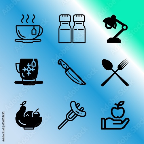 Vector icon set about kitchen with 9 icons related to gourmet, spicy, above, slice, nutrition, fruit, fish, food, fork and tenderloin