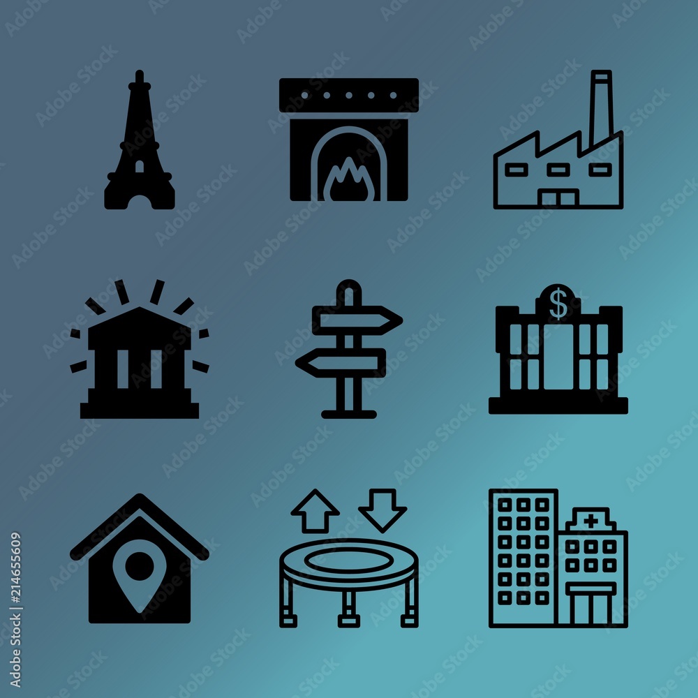 Vector icon set about building with 9 icons related to capital, chemical, rent, map, natural, economy, standing, spring, industrial and technology