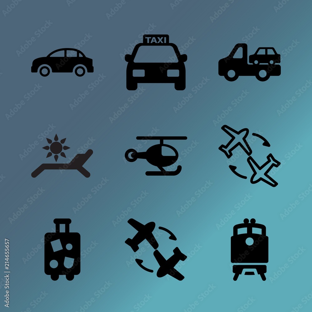 Vector icon set about transport with 9 icons related to air, engine, international, highway, motorcycle, passenger, indoor, textured, tire and packing