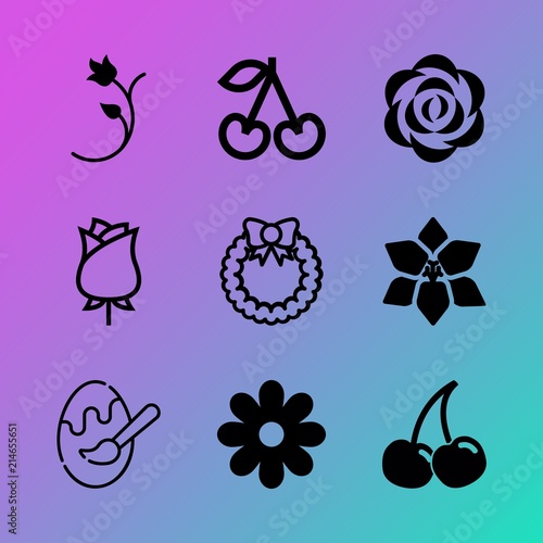 Vector icon set about flowers with 9 icons related to drawing, leaf, award, happy, creative, delicious, decor, raw, tree and fir