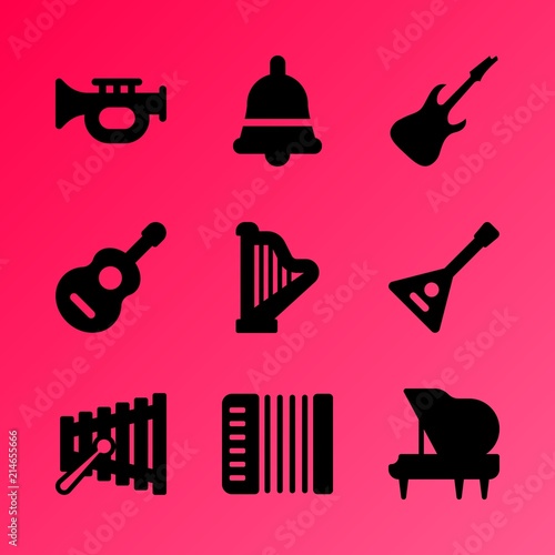 Vector icon set about music instruments with 9 icons related to shape, tone, song, drawing, white, childhood, sign, flat, harmonic and stick