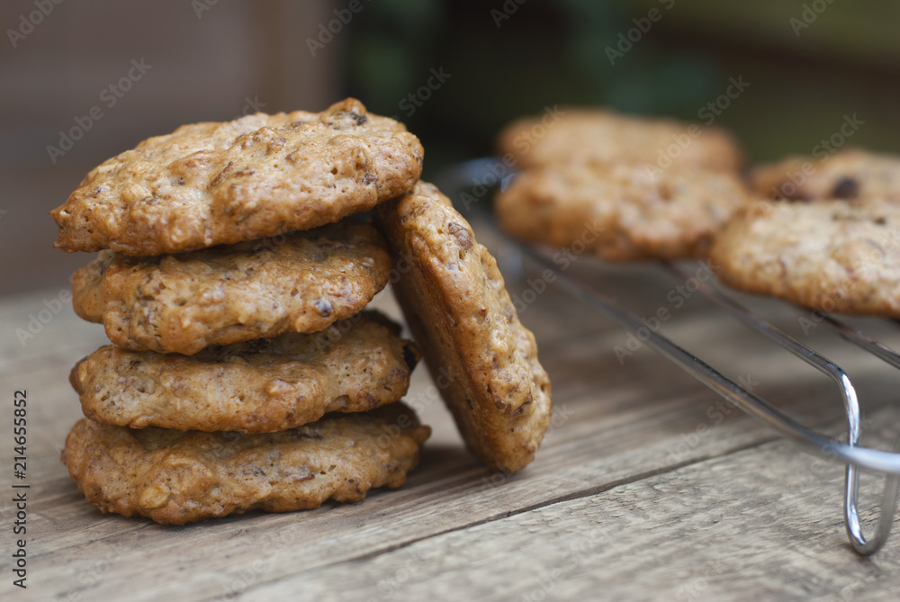 Homemade oatmeal cookies on wooden rustic board. Sweet dessert snack, Healthy Food. Copy space.