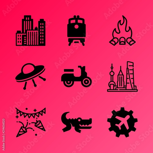 Vector icon set about travel and tourism with 9 icons related to airport, fire, water, locomotive, collection, national, cityscape, panoramic, game and business