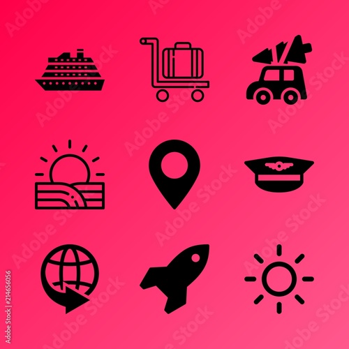Vector icon set about travel and tourism with 9 icons related to sedan, elegance, trade, sunset, trucking, cruise liner, scenic, travel, glow and large