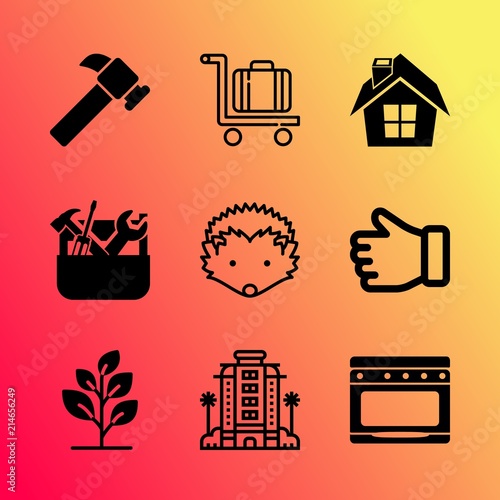 Vector icon set about home with 9 icons related to vector, botany, object, smiling, leaf, environment, furniture, gardening, hammer and hostel