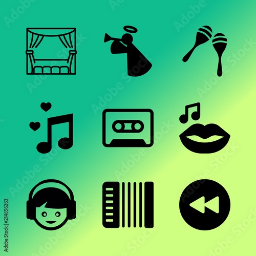 Vector icon set about music with 9 icons related to forward, stop, earflaps, creative, tv, headphones, accordion, texture, note and silhouette