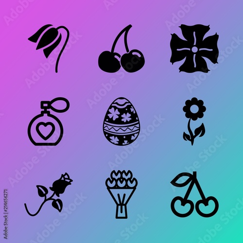 Vector icon set about flowers with 9 icons related to cosmetic, composition, two, text, design, botanical, perfume bottle, sakura, leaf and essence