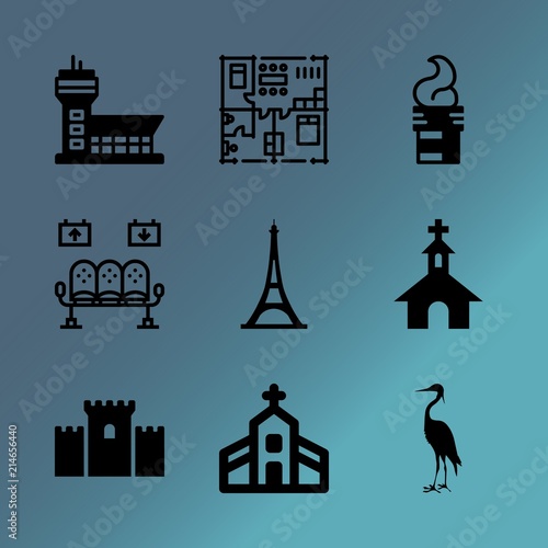 Vector icon set about building with 9 icons related to model, pollution, holy, saint, tourism, christ, catholic, architectural, line and sky