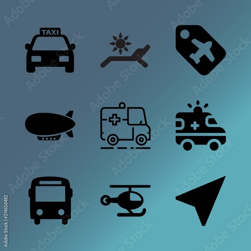 Vector icon set about transport with 9 icons related to urgency, fly, zeppelin, landing, chaise longue, hat, mobile, blue, chopper and delivery