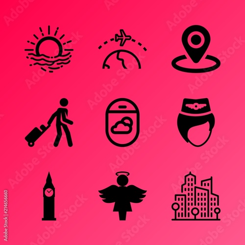 Vector icon set about travel and tourism with 9 icons related to district, westminster, ca, tag, fun, dark, downtown, river, nature and planet