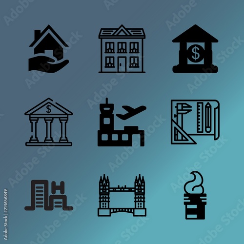 Vector icon set about building with 9 icons related to vector, lifestyle, woman, poolside, chimney, pool, icon, residential, standing and mortgage