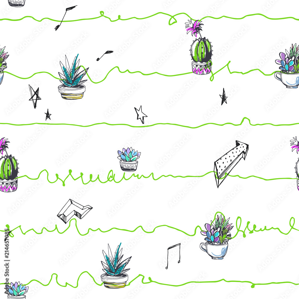 Vector floral seamless pattern. Succulents in sketch style isolated on white background. Hand drawn color illustration of houseplants. Cute cactuses. Botanical texture Vector floral seamless pattern. Succulents in sketch style isolated on white background. Hand drawn color illustration of houseplants. Cute cactuses. Botanical texture