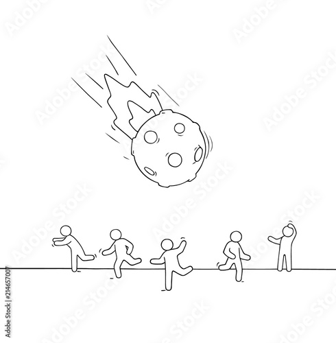 Little people run from falling meteorite.