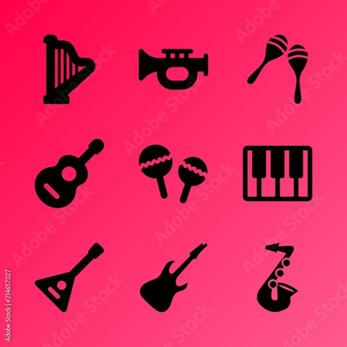 Vector icon set about music instruments with 9 icons related to beautiful, object, tune, design, modern, white, rock, melody, classical and balalaika