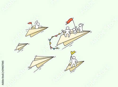 Sketch of flying paper plane with little workers.