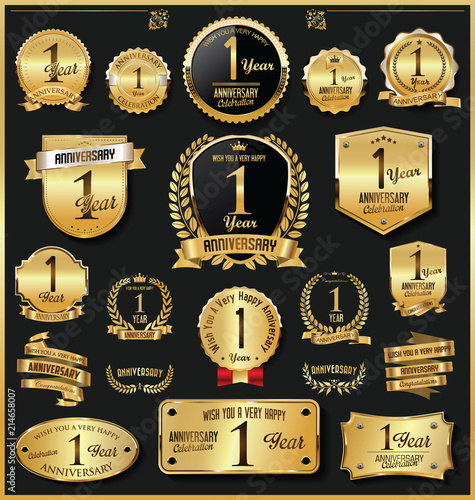 Anniversary retro vintage golden badges and labels vector 1 year