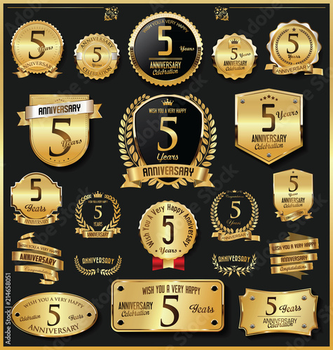 Anniversary retro vintage golden badges and labels vector 5 years