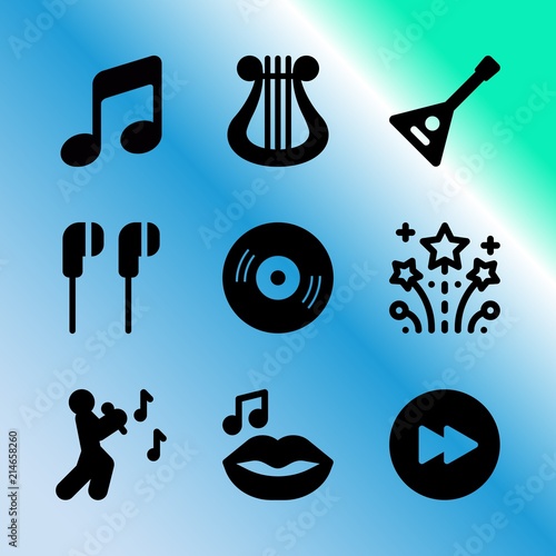 Vector icon set about music with 9 icons related to earpieces, champagne, club, togetherness, gusli, year, childhood, circle, web and active