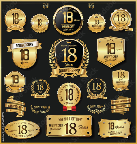 Anniversary retro vintage golden badges and labels vector 18 years