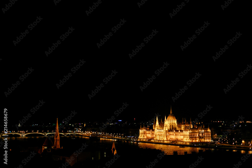 amazing night view of old  parliament building and river and city lights  in Budapest city, travel concept, space for text