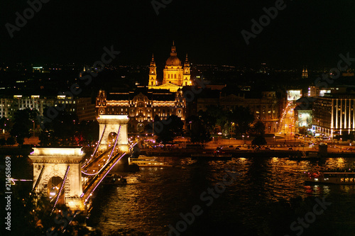 beautiful night view of chain bridge and river and city lights in Budapest city   travel concept  space for text