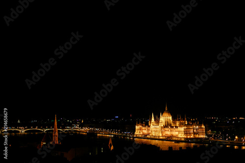 amazing night view of old parliament building and river and city lights in Budapest city, travel concept, space for text