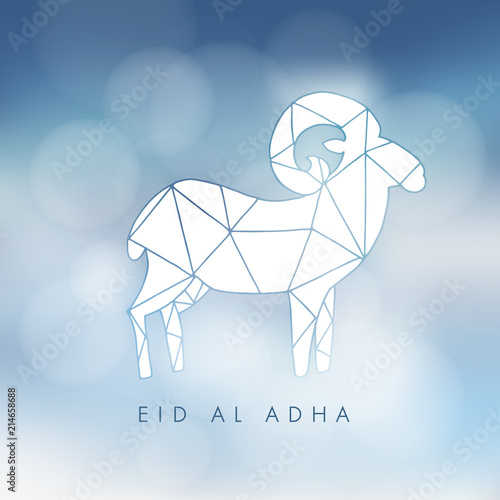 Greeting card, invitation with silhouette of modern hand drawn polygonal sheep. Vector illustration, blurred background for muslim holiday of sacrifice Eid Ul Adha.