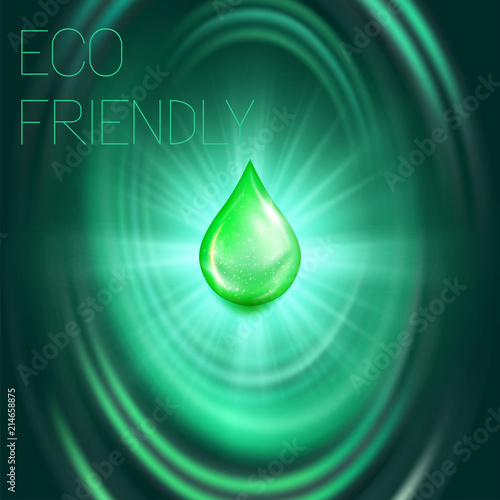 Eco friendly oil drop on the shining highlights background for beauty product advertising. Skin care green essence, natural precious liquid cream substance presentation with glowing luxurious circles.