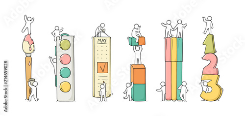 Office supplies set with working little people.