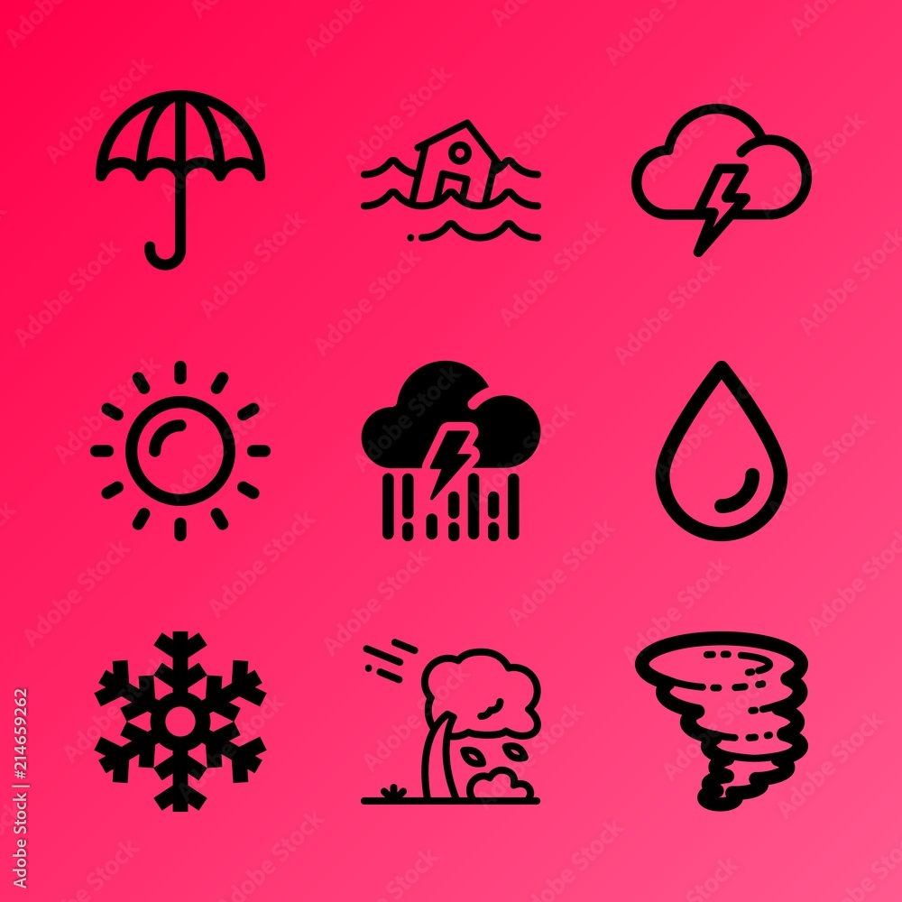 Vector icon set about weather with 9 icons related to botany, autumn, cold, sunrise, typhoon, dangerous, happy, cyclone, trees and danger Vector icon set about weather with 9 icons related to botany, autumn, cold, sunrise, typhoon, dangerous, happy, cyclone, trees and danger