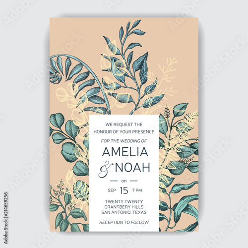 Banner with flowers end leafs. Wedding invitation succulent and eucalyptus.